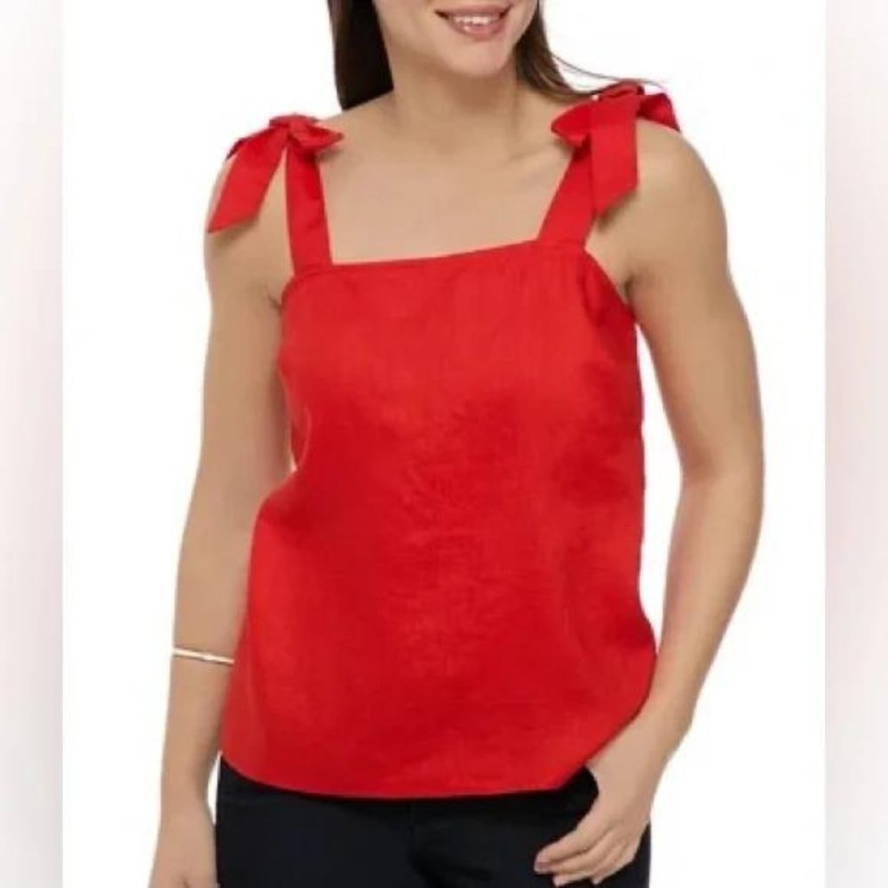Crown & Ivy Red Linen Square Neck Tie Strap Top